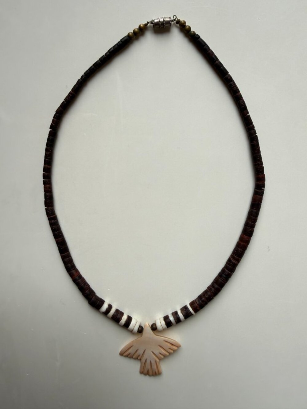 Vintage Native American Style Heishi Bead Necklace with Carved Bone Eagle Pendan